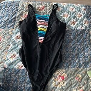 Black swimsuit with colorful accents